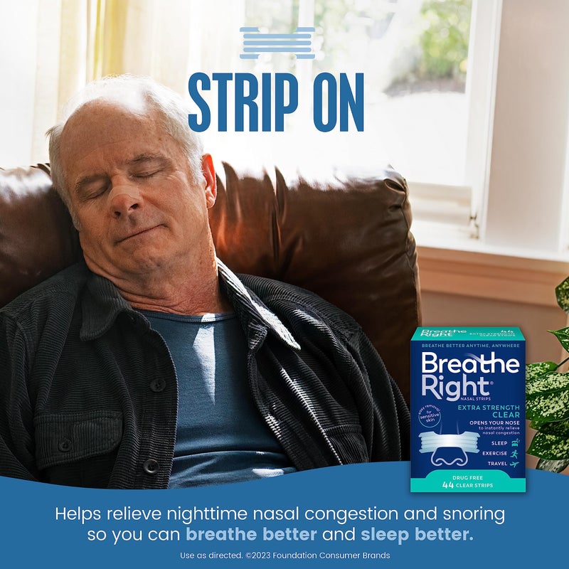 Breathe Right Nasal Strips | Extra Strength | Clear | For Sensitive Skin I Drug-Free Snoring Solution & Nasal Congestion Relief Caused by Colds & Allergies | 44 Count (Packaging May Vary) - Image 2