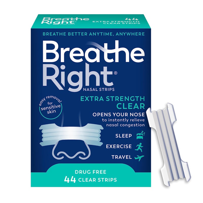 Breathe Right Nasal Strips | Extra Strength | Clear | For Sensitive Skin I Drug-Free Snoring Solution & Nasal Congestion Relief Caused by Colds & Allergies | 44 Count (Packaging May Vary) - Image 1