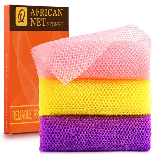 UJFQBH 3 Pieces African Bath Sponge African Net Long Net Bath Sponge Exfoliating Shower Body Scrubber Back Scrubber Skin Smoother,Great for Daily Use (Pink,Yellow,Purple) - Image 1