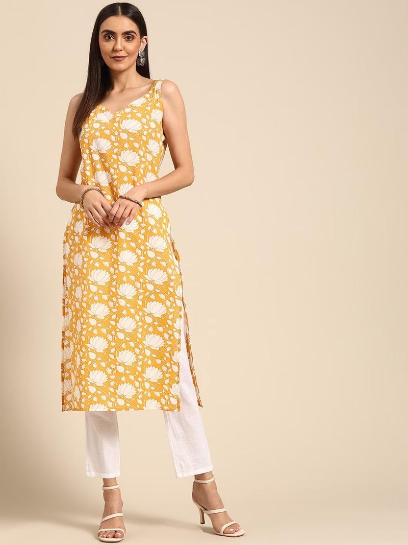 rytras Women's Rayon Printed Straight Sleeveless Kurta(Yellow,3XL) - Image 3