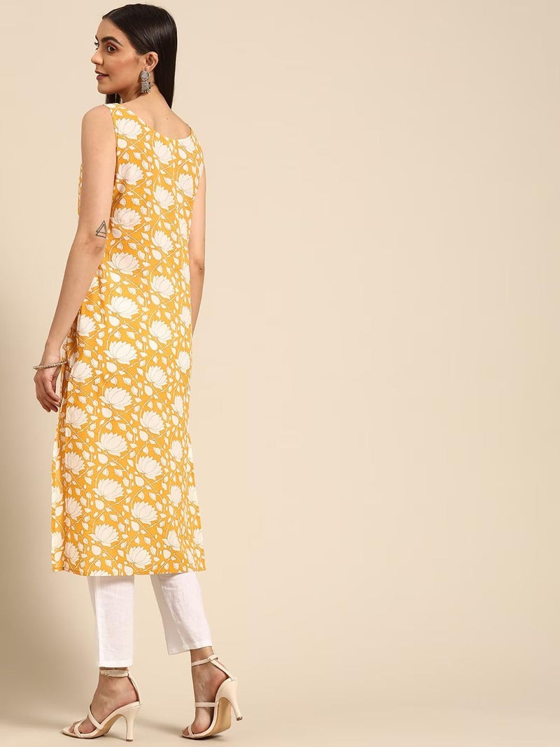 rytras Women's Rayon Printed Straight Sleeveless Kurta(Yellow,3XL) - Image 2