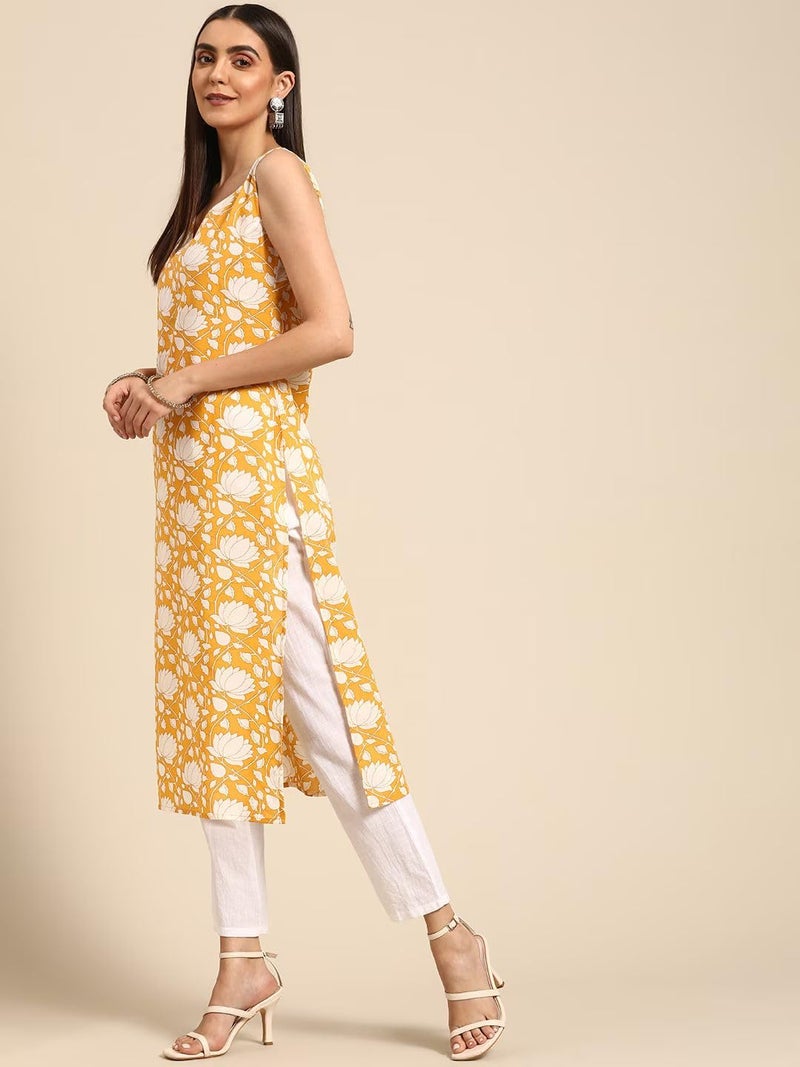 rytras Women's Rayon Printed Straight Sleeveless Kurta(Yellow,3XL) - Image 4