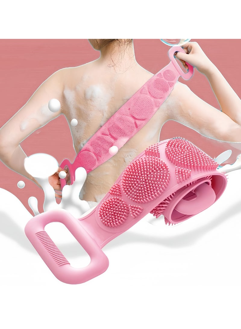 Back Scrubber for Shower,Silicone Back Scrubber for Shower, Silicone Exfoliating Bath Body Brush with Handle for Mens and Womens 70CM(Pink) - Image 2