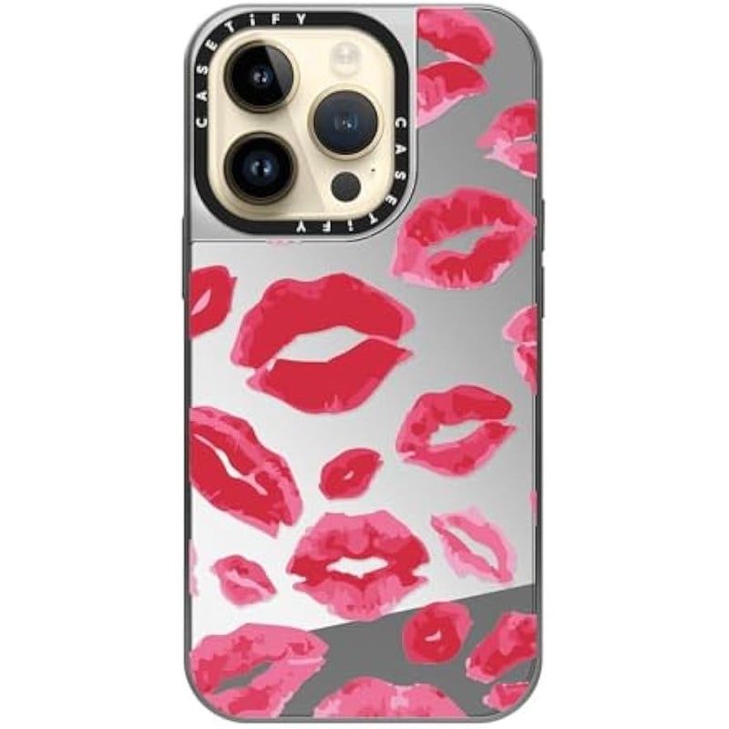 Casetify Mirror Case for iPhone 14 Pro Compatible with Magsafe - Lipstick Kisses - Silver on Silver - Image 4