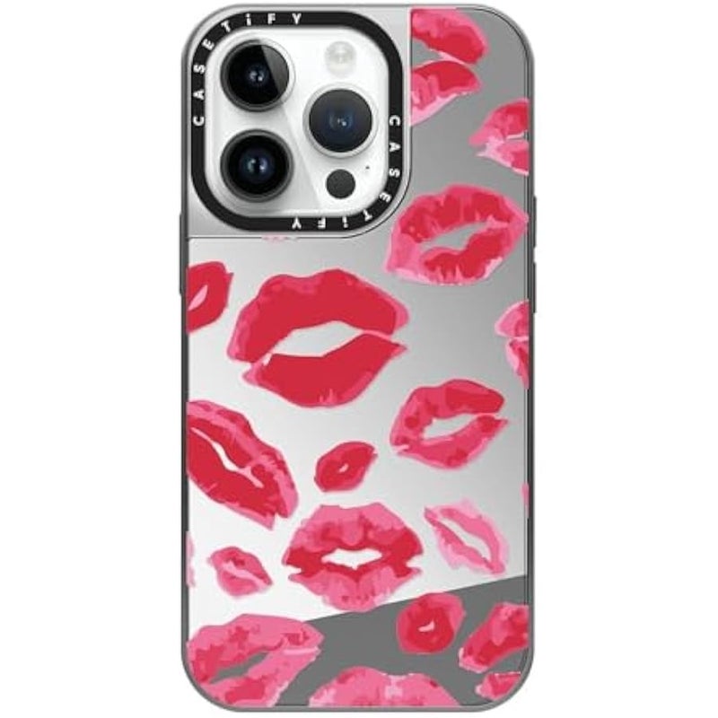 Casetify Mirror Case for iPhone 14 Pro Compatible with Magsafe - Lipstick Kisses - Silver on Silver - Image 1
