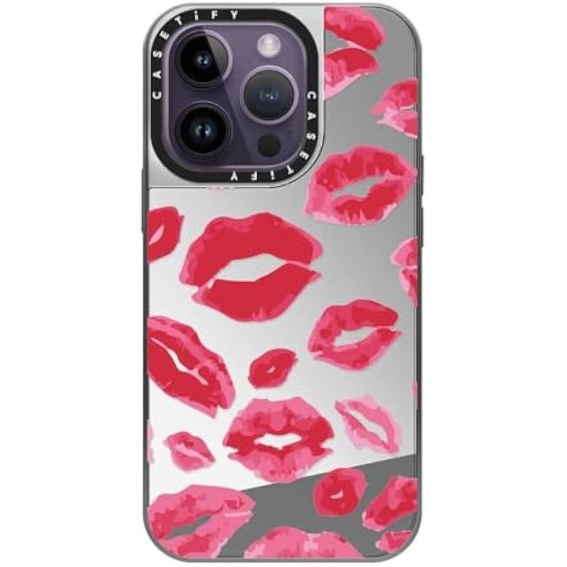Casetify Mirror Case for iPhone 14 Pro Compatible with Magsafe - Lipstick Kisses - Silver on Silver - Image 2