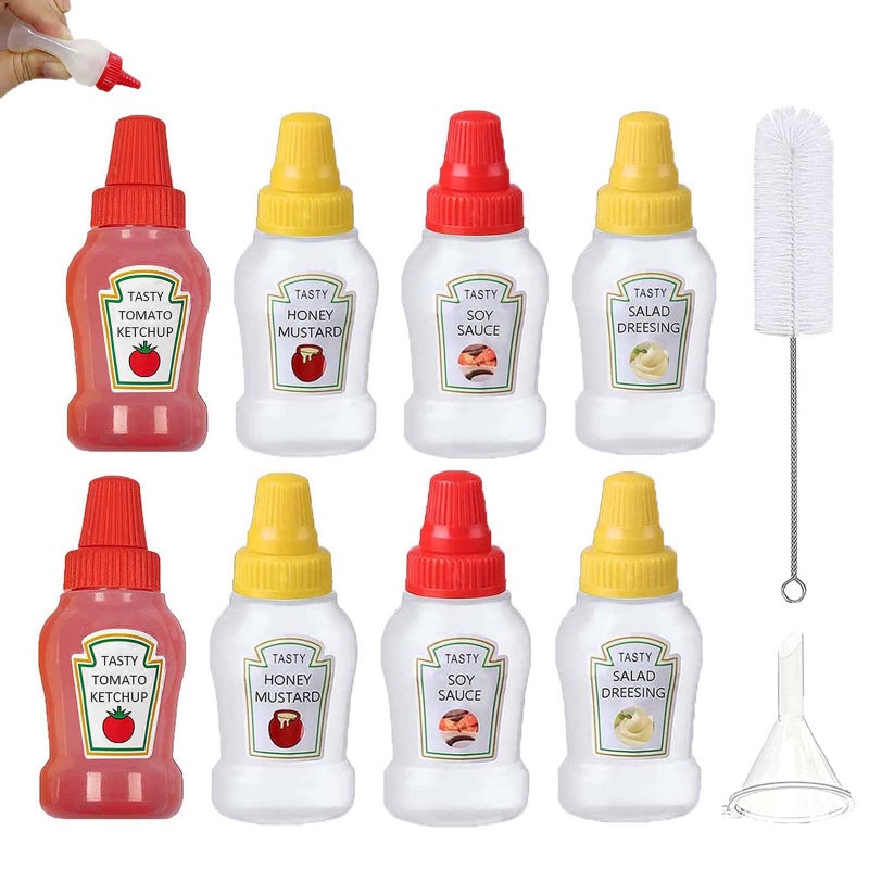 THYULIFE 8Pcs Mini Condiment Squeeze Bottles with Cleaning Brush 25ml Leakproof Mini Ketchup Sauce Bottles Refillable KetchupSoy SauceHoneySalad Dressing Bottles Container for Lunch Box BPA Free