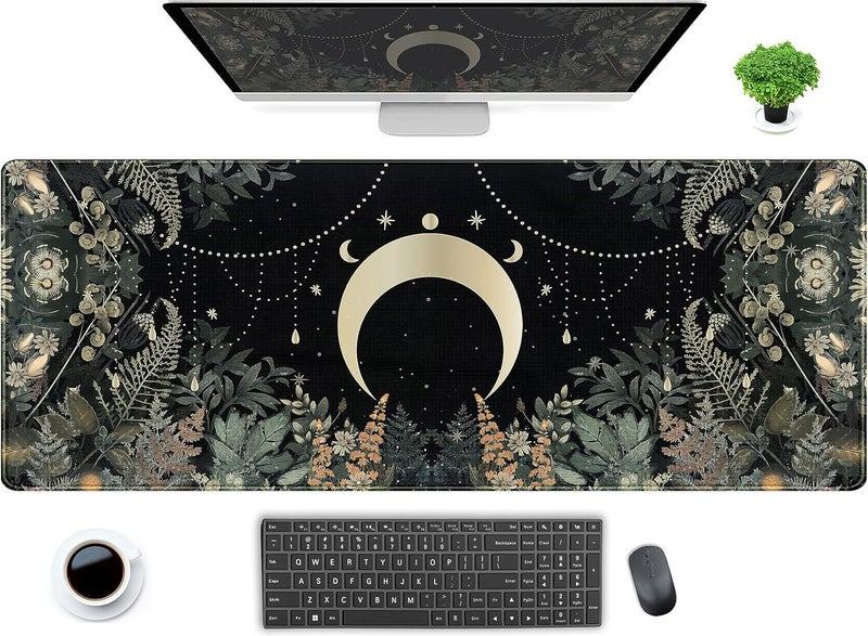 DCJJM Cute Green Forest Leaves Desk Mat Whimsical Moon Mousepad XL Large Extended Gaming Mouse Pad with Stitched Edges, Computer Laptop Keyboard Mouse Mat Desk Pad 31.5x11.8 in Non-Slip Rubber Base - Image 1