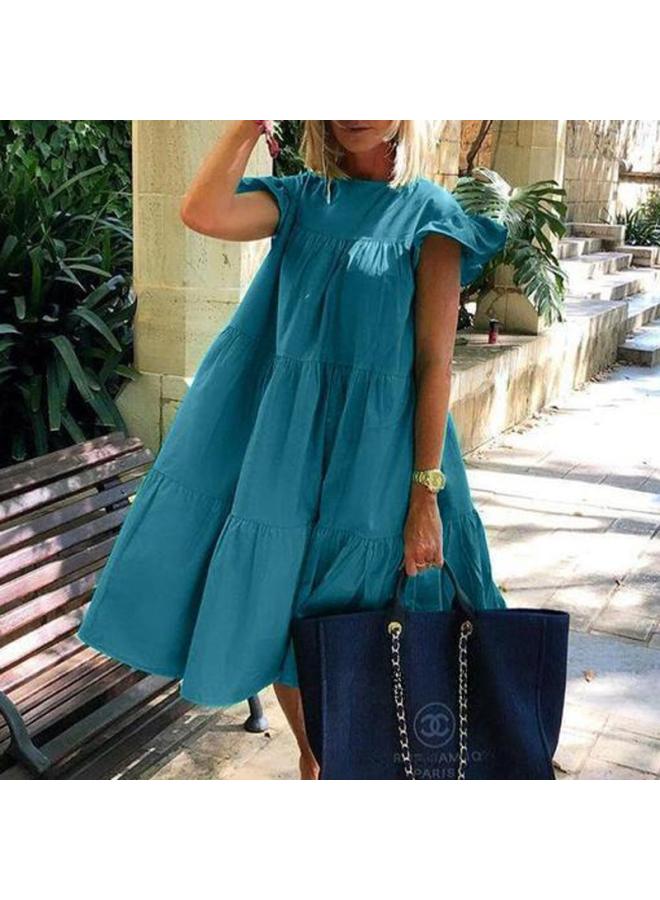 Summer Vintage Floral Print Loose Large Size Women's Casual Round Neck Short Sleeve Dress Short Dress