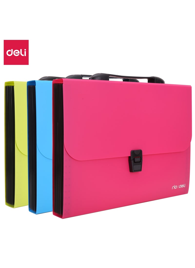 Deli Deli EB40302 RIO A4-13P PP Expanding File, 12 Index Tabs, Push-Lock Closure with Handle, Durable PP Material, Blue/Green/Red  - Image 1