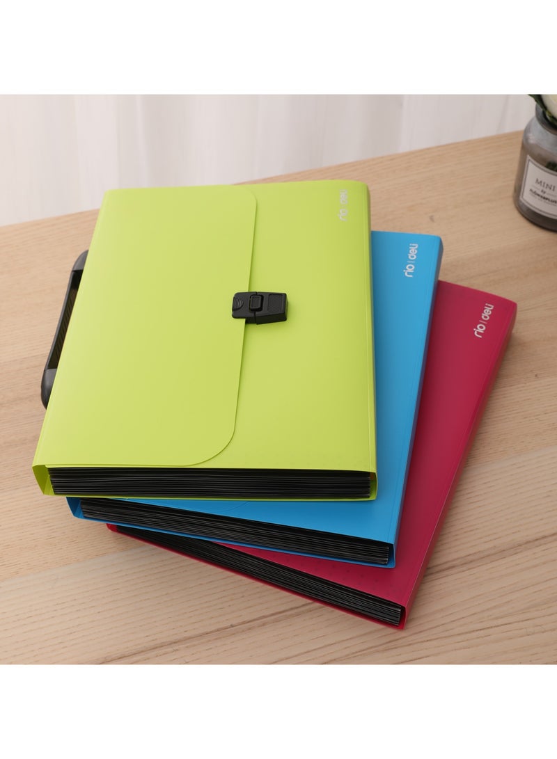 Deli EB40302 RIO A4-13P PP Expanding File, 12 Index Tabs, Push-Lock Closure with Handle, Durable PP Material, Blue/Green/Red