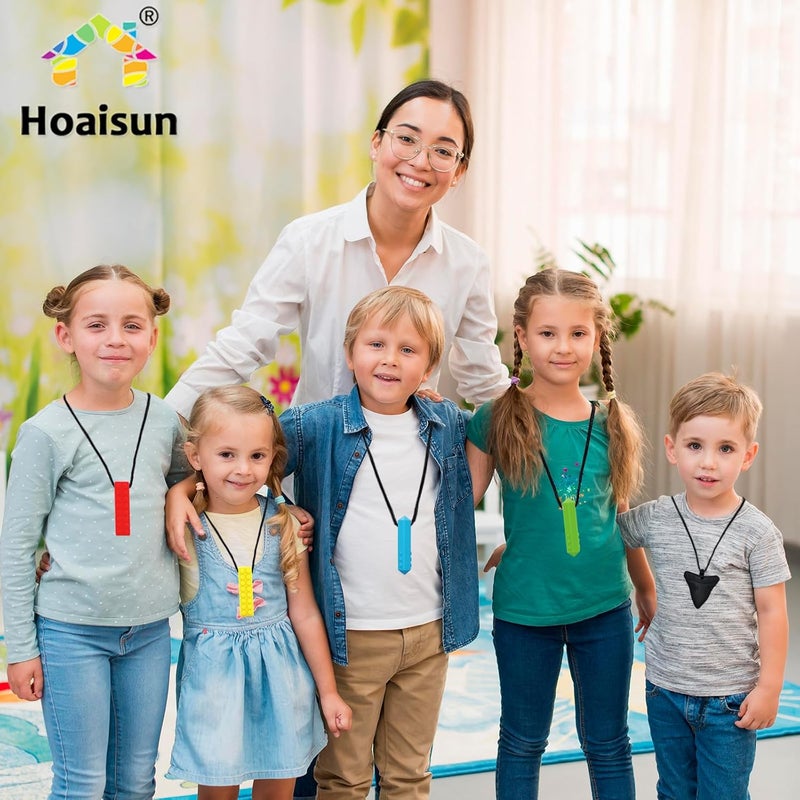 Hoaisun قلائد مضغ للأطفال الحساسين 6 عبوات قلائد مضغ للأولاد والبنات الحساسين مع التوحد ADHD SPD ألعاب مضغ عضوية من السيليكون للبالغين تقليل القلق والتململ - Image 2