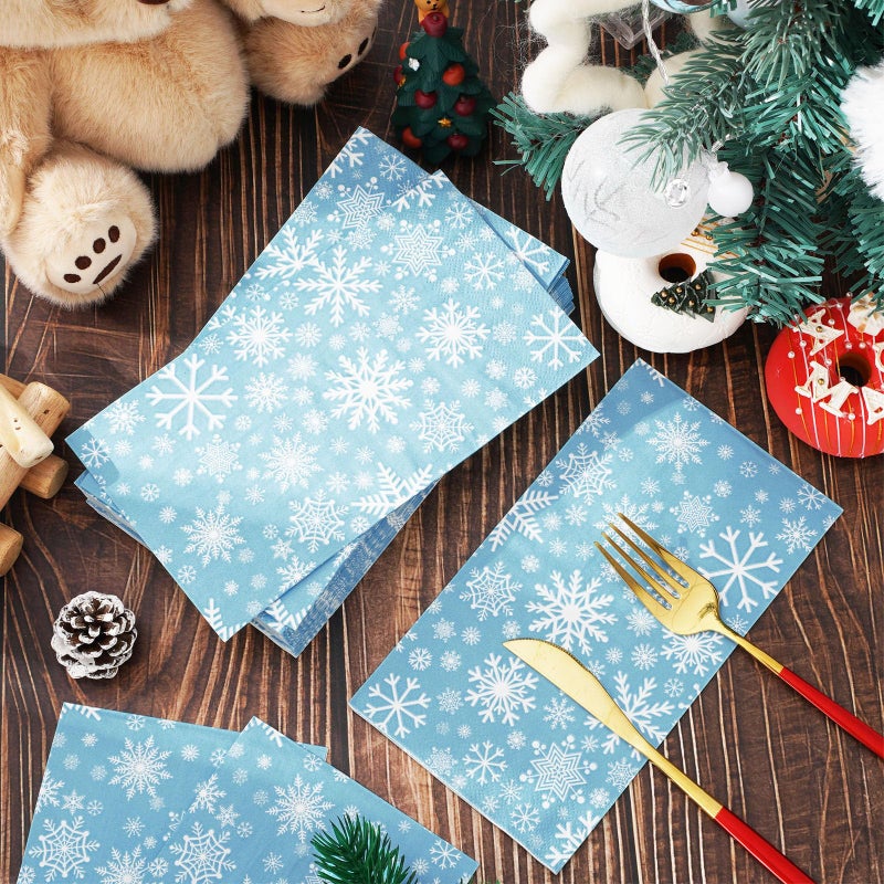AnyDesign Christmas Guest Napkins 3 Ply Snowflake Sky Blue Disposable Paper Napkins Dinner Hand Napkin Towel for Xmas Party Supplies Winter Holiday Kitchen Bathroom Table Decorations  80Pcs - Image 4