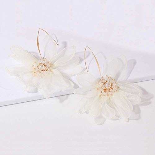 YERTTER Women Big Petal Drop Large Earrings Big Flowers Dangle Earrings with Chiffon Floral Tassel for Vacation Wedding (Ivory) - Image 3