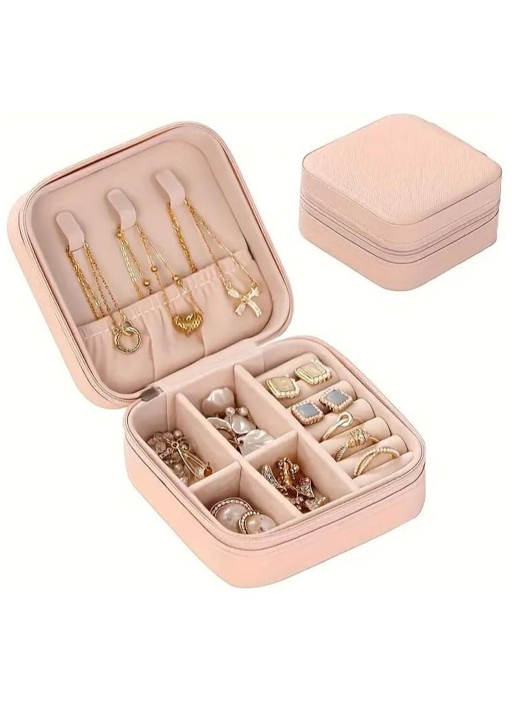 MXM - Portable Travel Jewelry Box Organizer, Double Layer, Faux Leather, Korean Style, Storage Box for Earrings, Rings, Necklaces, And Bracelets - Perfect Gift (Pink) - Image 1