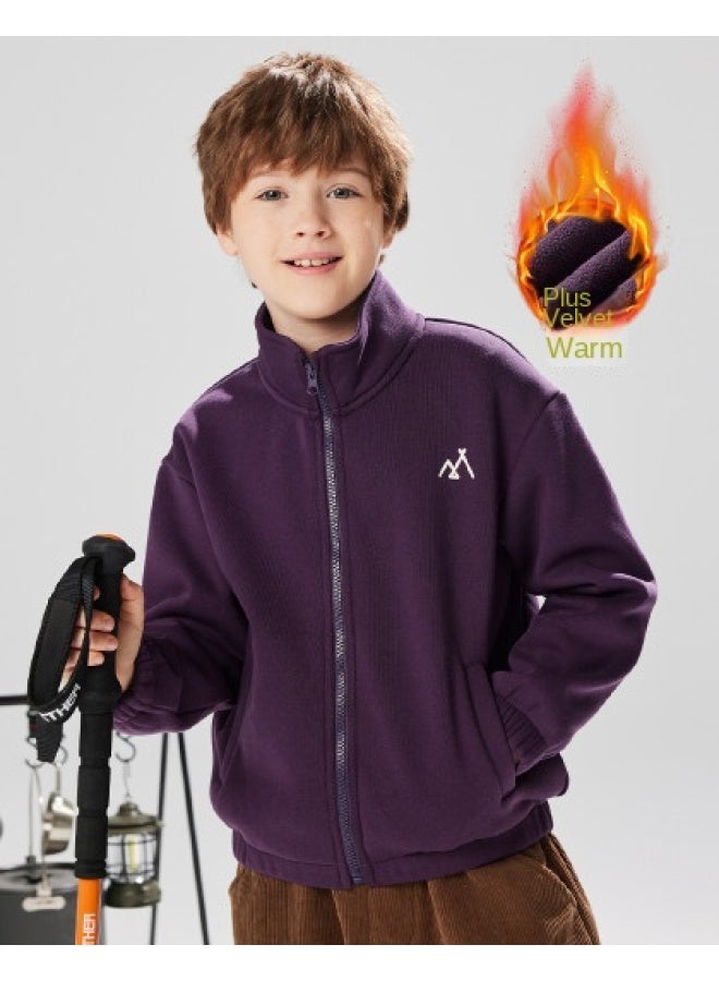 مكد 【فليس】 سترة داخلية مبطنة بالفرو بأطوقة واقفة للأطفال، كنزة سميكة مع قلنسوة للصبيان والبنات لخريف وشتاء، مقاس أطفال كبير - Image 1