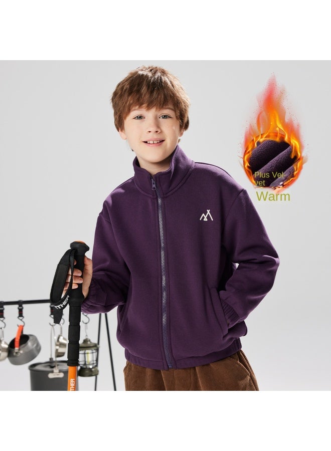 مكد 【فليس】 سترة داخلية مبطنة بالفرو بأطوقة واقفة للأطفال، كنزة سميكة مع قلنسوة للصبيان والبنات لخريف وشتاء، مقاس أطفال كبير - Image 2