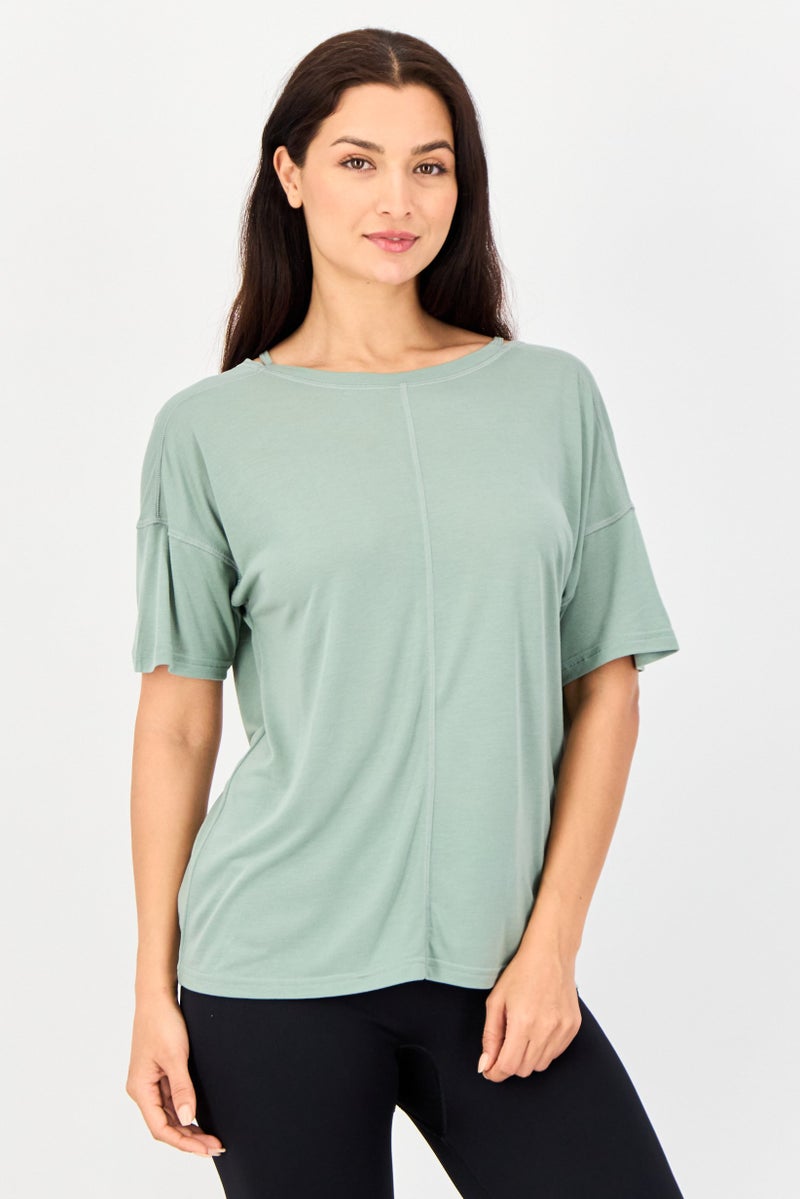 Adidas Women Sportswear Fit Short Sleeve Outdoor Top, Light Green - Image 1