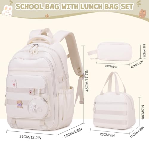ACESAK Backpacks for Girls - 4PCS Girls Backpack with Lunch Bag & Pencil Pouch Coin Pruse for Teens Kids Elementary Middle High School College Student Bookbag Daypack (Beige) - Image 2