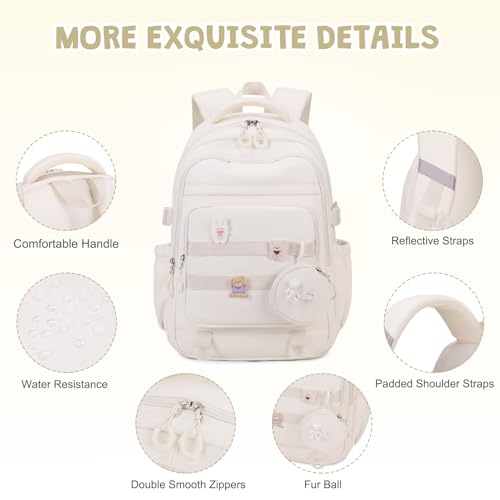 ACESAK Backpacks for Girls - 4PCS Girls Backpack with Lunch Bag & Pencil Pouch Coin Pruse for Teens Kids Elementary Middle High School College Student Bookbag Daypack (Beige) - Image 4
