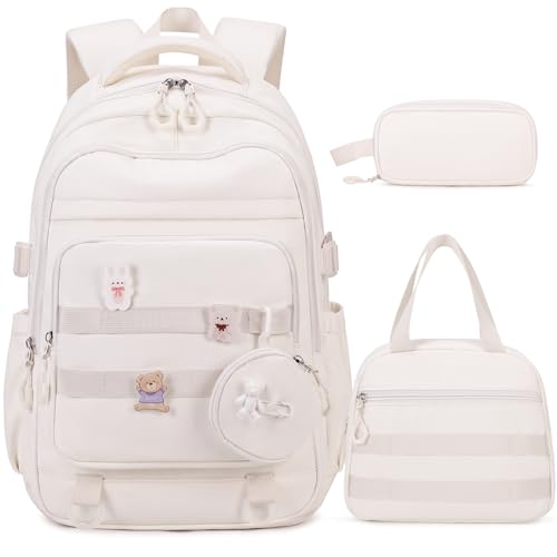 ACESAK Backpacks for Girls - 4PCS Girls Backpack with Lunch Bag & Pencil Pouch Coin Pruse for Teens Kids Elementary Middle High School College Student Bookbag Daypack (Beige) - Image 1