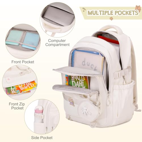 ACESAK Backpacks for Girls - 4PCS Girls Backpack with Lunch Bag & Pencil Pouch Coin Pruse for Teens Kids Elementary Middle High School College Student Bookbag Daypack (Beige) - Image 3