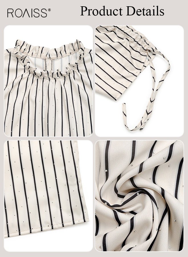 رويس بلوزة نسائية مخططة مطوية مع تفاصيل رباط قابل للتعديل، بلوزة كاجوال للنساء، قماش خفيف الوزن قابل للتهوية، نمط مكتب متعدد الاستخدامات - Image 5