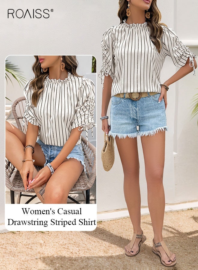 رويس بلوزة نسائية مخططة مطوية مع تفاصيل رباط قابل للتعديل، بلوزة كاجوال للنساء، قماش خفيف الوزن قابل للتهوية، نمط مكتب متعدد الاستخدامات - Image 4