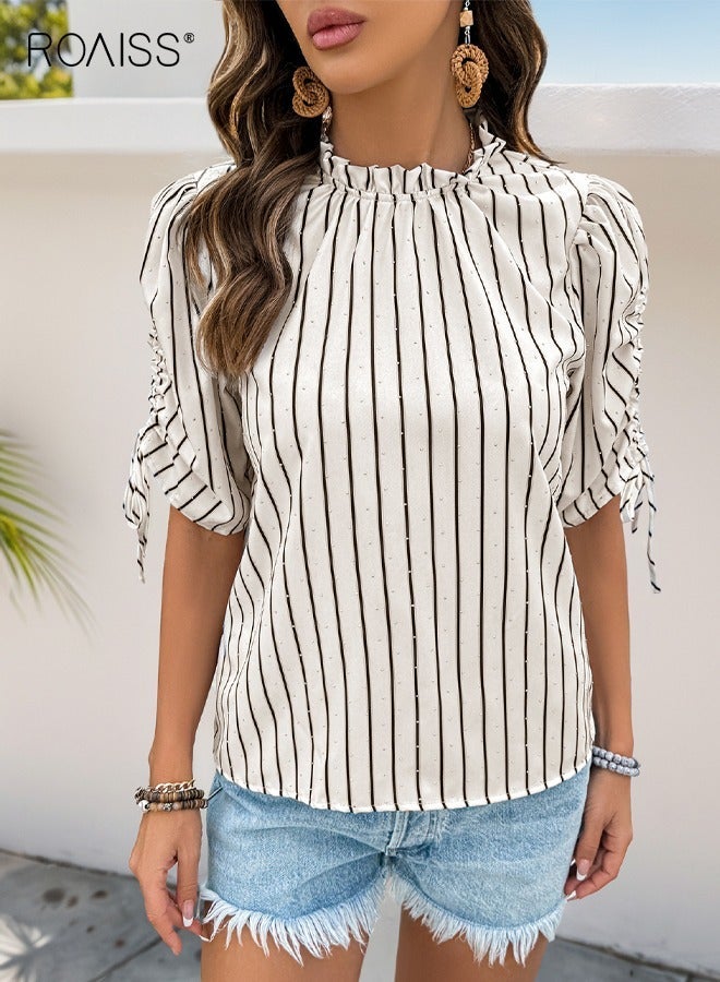 roaiss Women Striped Pullover Top, Stylish Pleated Blouse with Adjustable Drawstring, Short Sleeve Semi-high Collar T shirt for Ladies, Suitable for Daily Wear or Any Outdoor Activity - Image 2