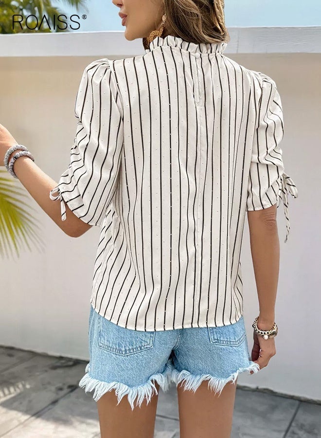roaiss Women Striped Pullover Top, Stylish Pleated Blouse with Adjustable Drawstring, Short Sleeve Semi-high Collar T shirt for Ladies, Suitable for Daily Wear or Any Outdoor Activity - Image 4
