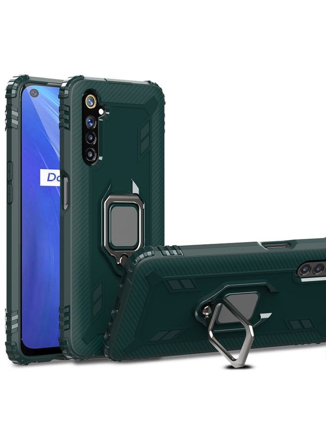 HuHa Case Cover For Realme 6S Carbon Fiber Protective Case with 360 Degree Rotating Ring Holder Green 