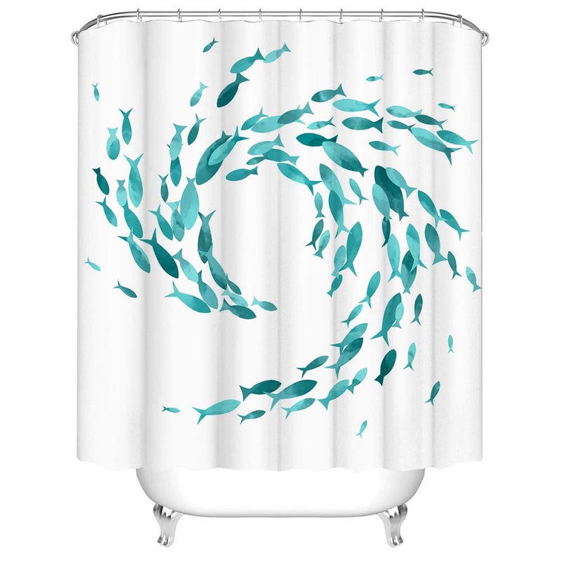 RnnJoile Teal Fish Shower Curtains Set Ocean Creatures Bathroom Decor Creative Curtain for Bath Fabric Sea Ocean Shower Curtain with Hooks Turquoise 72x72inch