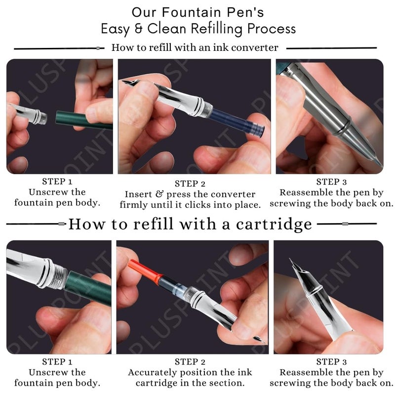 PLUSPOINT قلم حبر سائل من الفولاذ المقاوم للصدأ قلم فاخر مذهل بتشطيب أخضر معدني، قلم إيريديوم، هدية قلم للرجال والنساء، محترف، مكتبي تنفيذي، أقلام مصممة جميلة للأطفال - Image 3