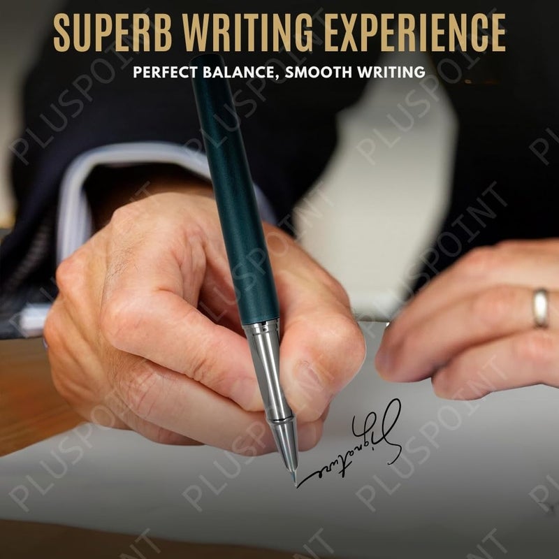 PLUSPOINT قلم حبر سائل من الفولاذ المقاوم للصدأ قلم فاخر مذهل بتشطيب أخضر معدني، قلم إيريديوم، هدية قلم للرجال والنساء، محترف، مكتبي تنفيذي، أقلام مصممة جميلة للأطفال - Image 2