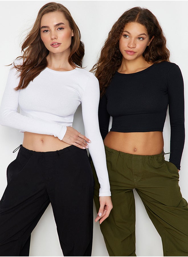trendyol - Black & White 2-Pack Fitted Crew Neck Crop Ribbed Stretch Knitted Blouse TWOAW22BZ0331 - Image 1