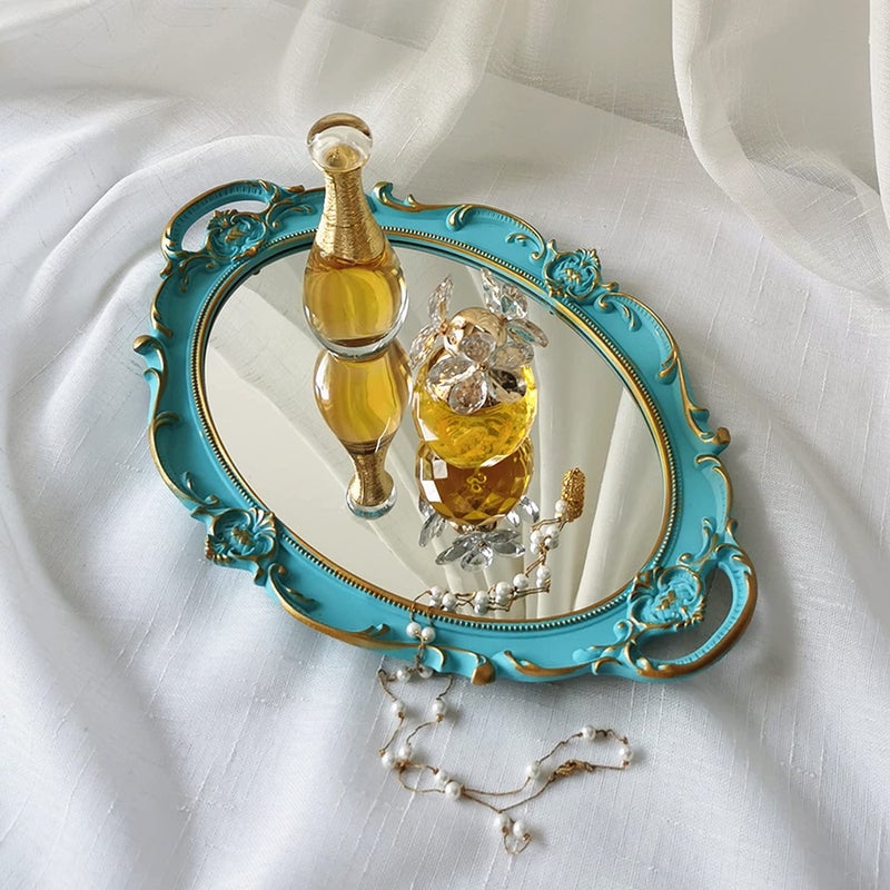 Yamfurga Oval Decorative Mirror Tray French Style Makeup Organizer Jewelry Organizer Serving Tray 98x 146 Golden Blue