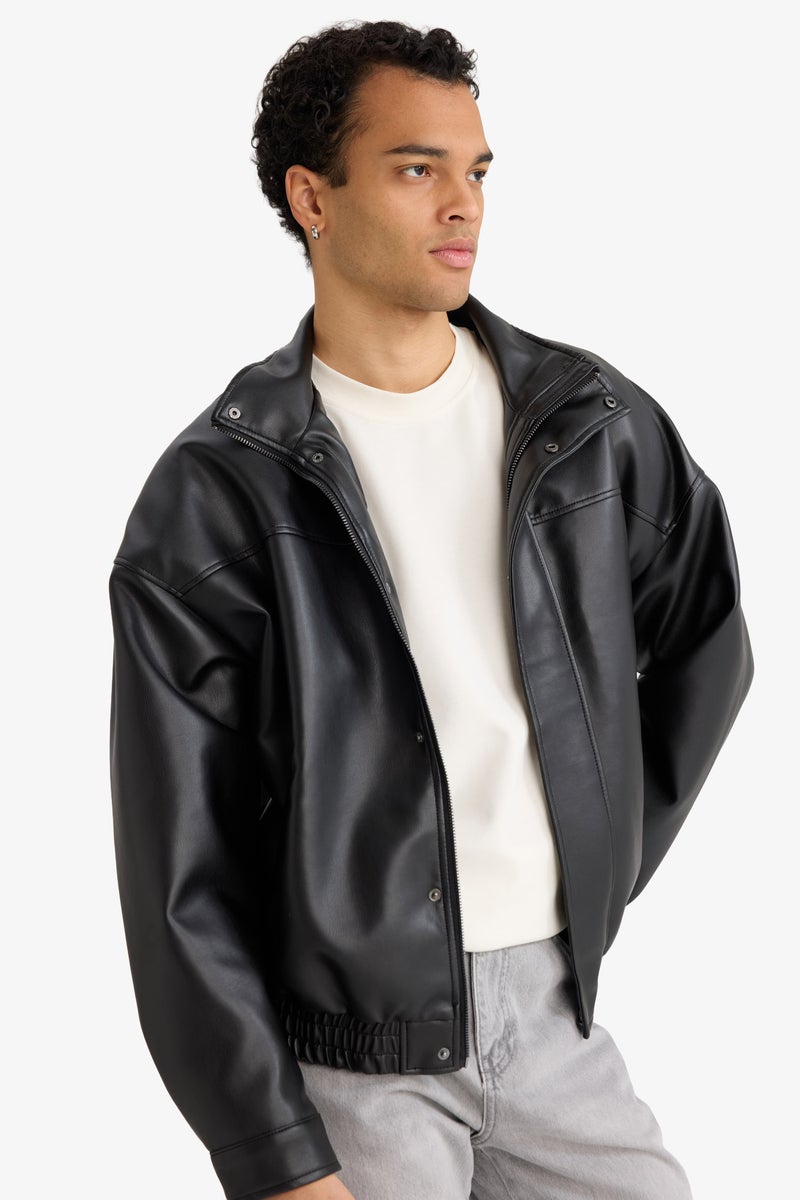 DeFacto Black Man Oversize Fit Faux Leather Jacket Casual - Image 3