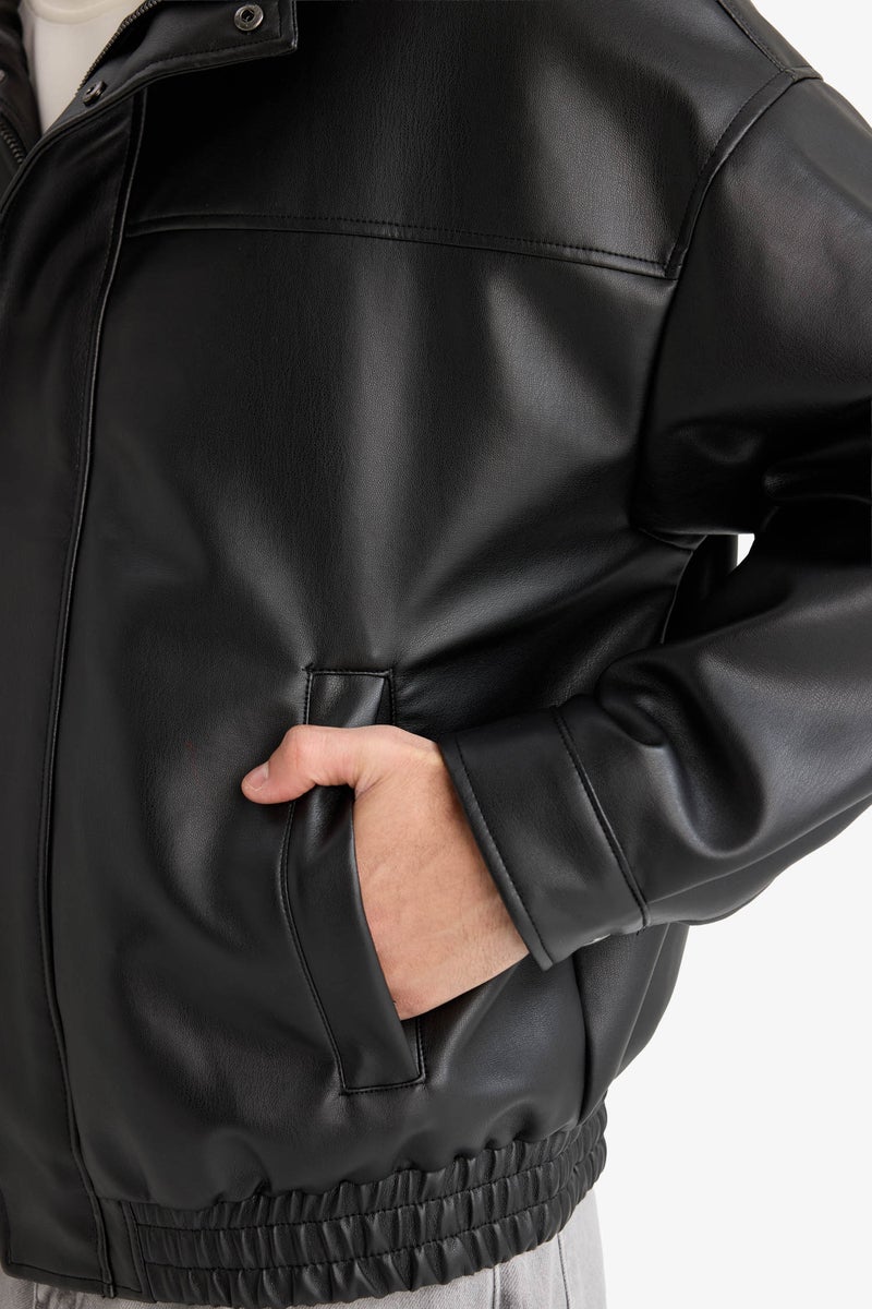 DeFacto Black Man Oversize Fit Faux Leather Jacket Casual - Image 4