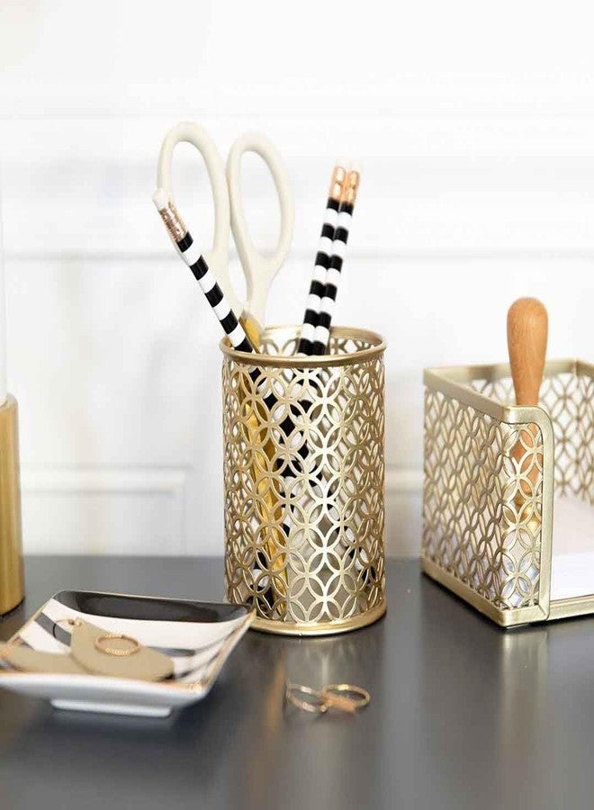 BLU MONACO Gold Pen Holder for Desk - Gold Pen & Pencil Cup - Brush Holder with Metal Circular Design - Image 2