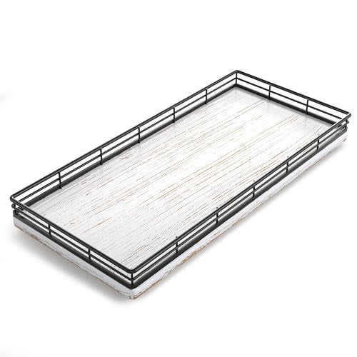 Focusonit Bathroom Toilet Tank Tray, 13" Wood Toilet Paper Storage Basket Tray Back of Toilet Basket Organizer,Vanity Tray for Perfume Makeup Candle Decor, Black & Farmhouse White - Image 1
