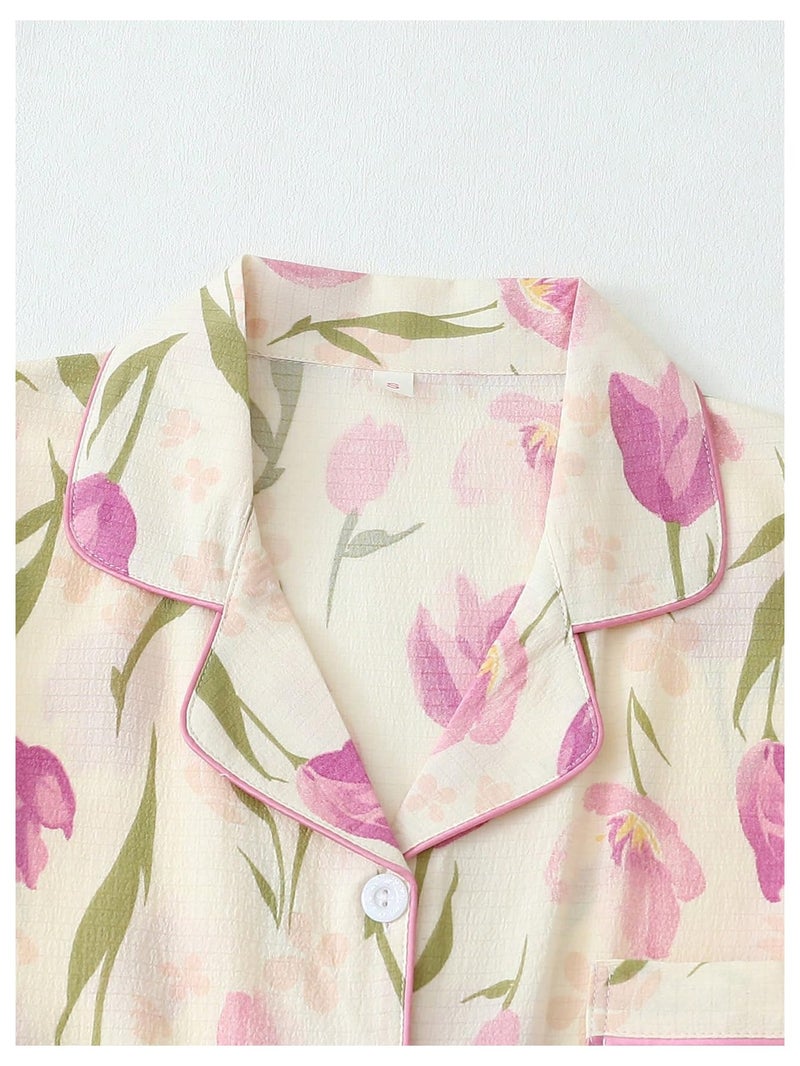 Verdusa Pajamas For Women Set 2 Piece Summer Pajama Sets Cute Pjs Lounge Matching Button Shirt with Shorts Green Beige Medium - Image 3