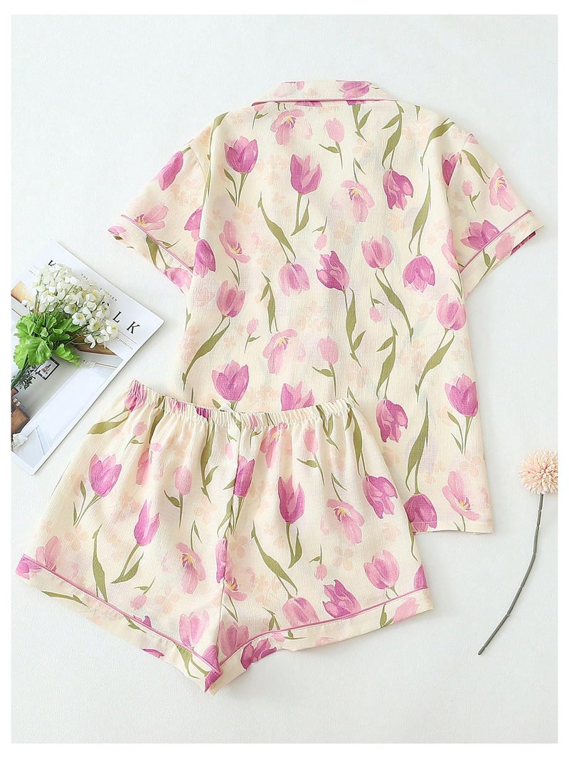 Verdusa Pajamas For Women Set 2 Piece Summer Pajama Sets Cute Pjs Lounge Matching Button Shirt with Shorts Green Beige Medium - Image 2