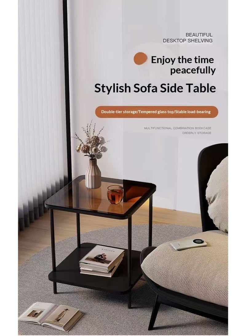 Multifunctional modern minimalist design glass light luxury sofa side table, glass coffee table, movable bedroom small apartment bedside table (black) 40 * 40 * 53cm - Image 4