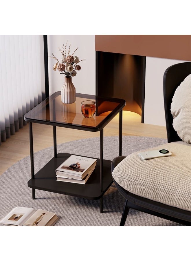 Multifunctional modern minimalist design glass light luxury sofa side table, glass coffee table, movable bedroom small apartment bedside table (black) 40 * 40 * 53cm - Image 2
