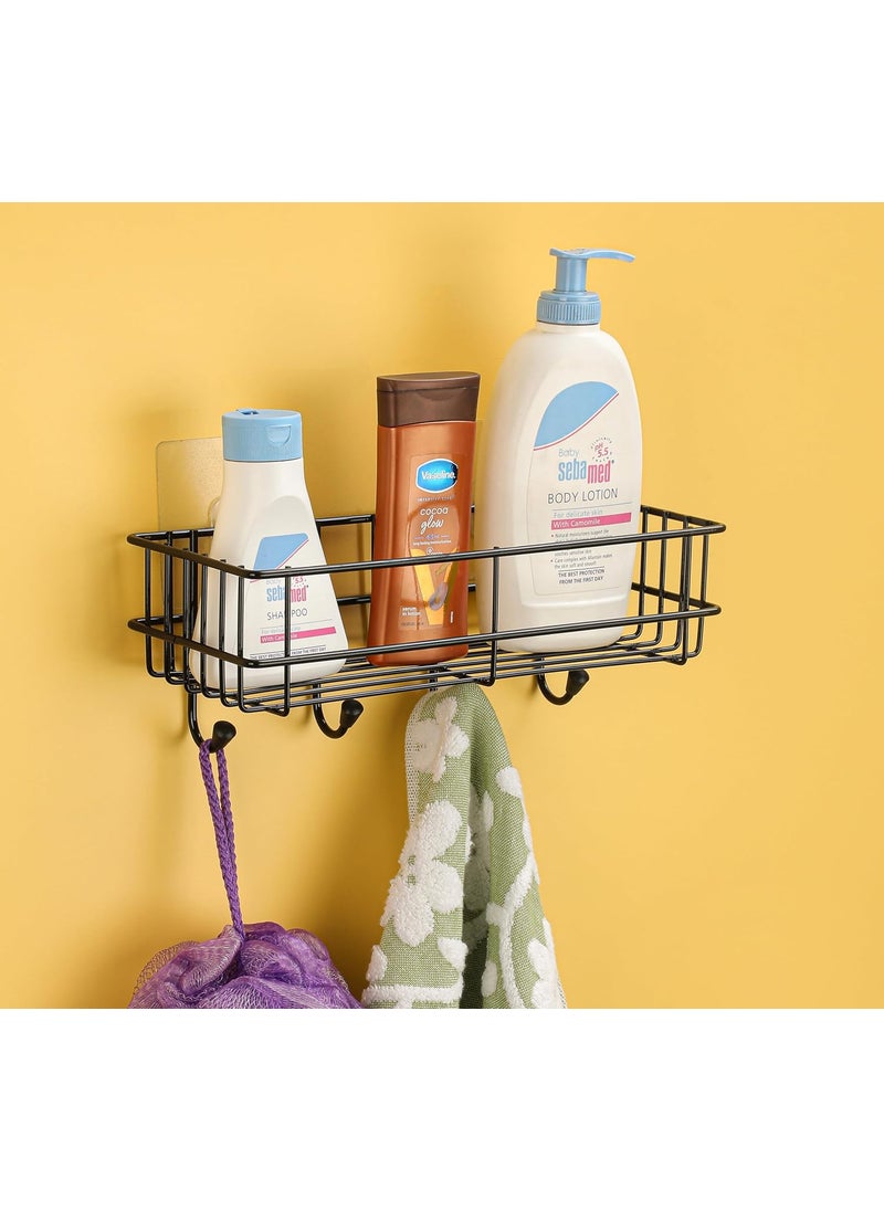 iSTAR iSTAR GI Steel Self-Adhesive Multipurpose Bathroom Shelf with Hooks/Towel Holder/Bathroom Rack/Bathroom Accessories-Wall Mount - (Black,Powder Coated) (Pack of 2)  - Image 4