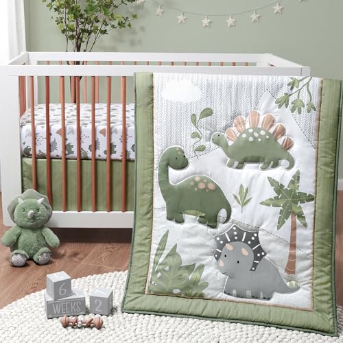 The Peanutshell 3 Piece Baby Crib Bedding Set for Boys Newborn Infant Toddler Nursery Bed Set Decor with Fitted Crib Sheet Dust Ruffle Comforter Dinosaur Dreams