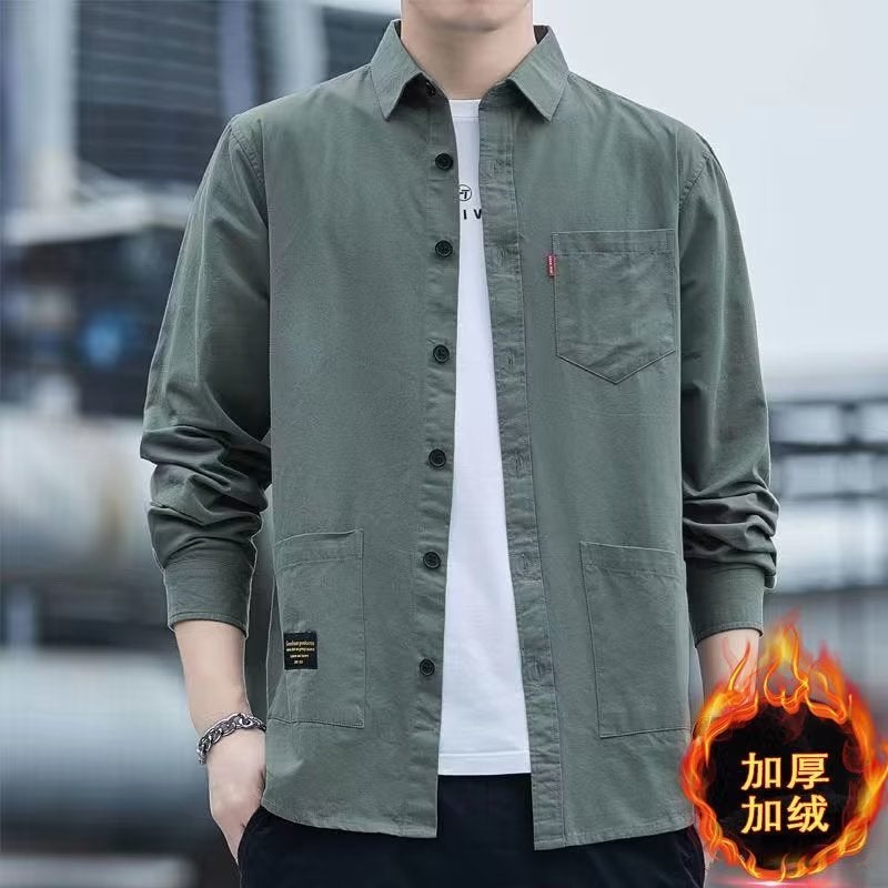 Thickened Fleece Mens Casual Work Shirt 2816 khaki  - Image 3