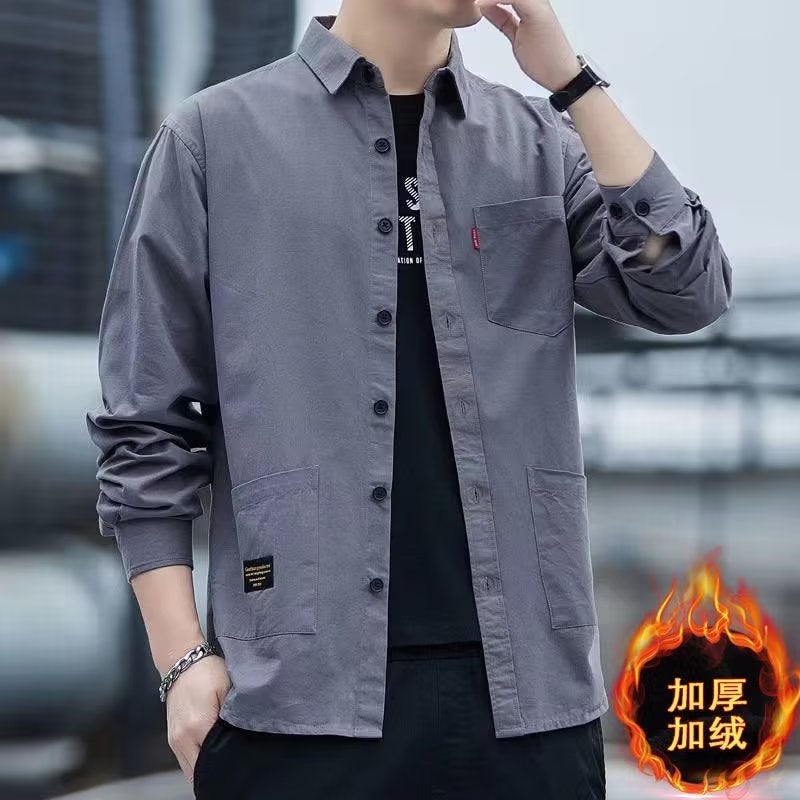 Thickened Fleece Mens Casual Work Shirt 2816 khaki  - Image 2