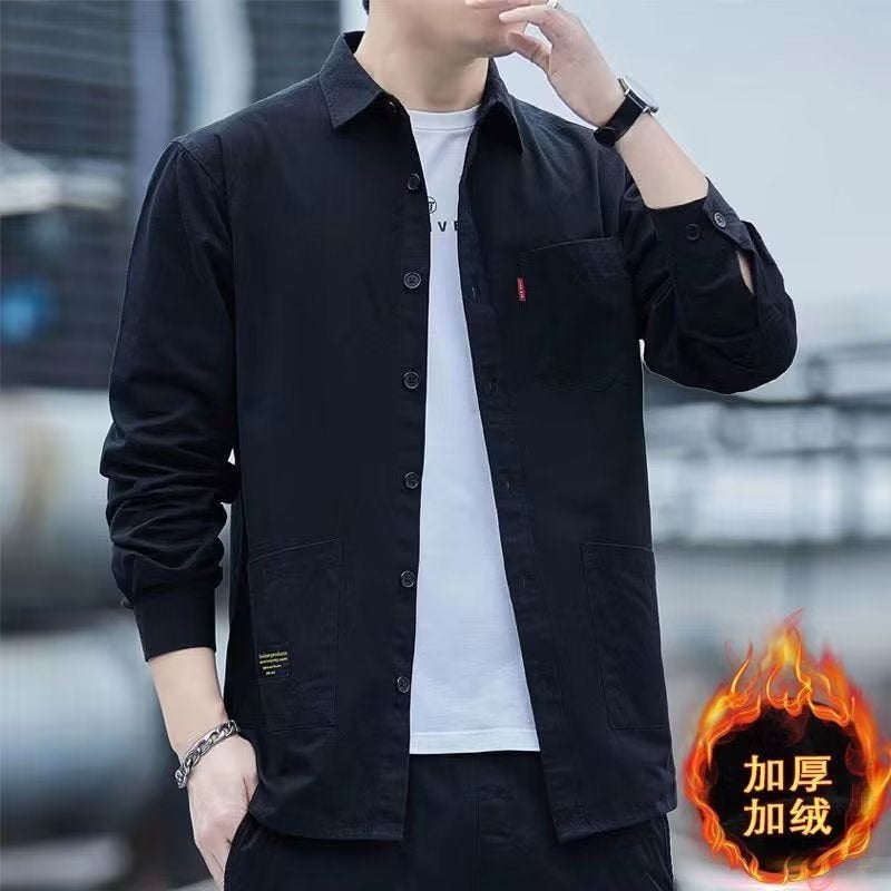 Thickened Fleece Mens Casual Work Shirt 2816 khaki  - Image 4