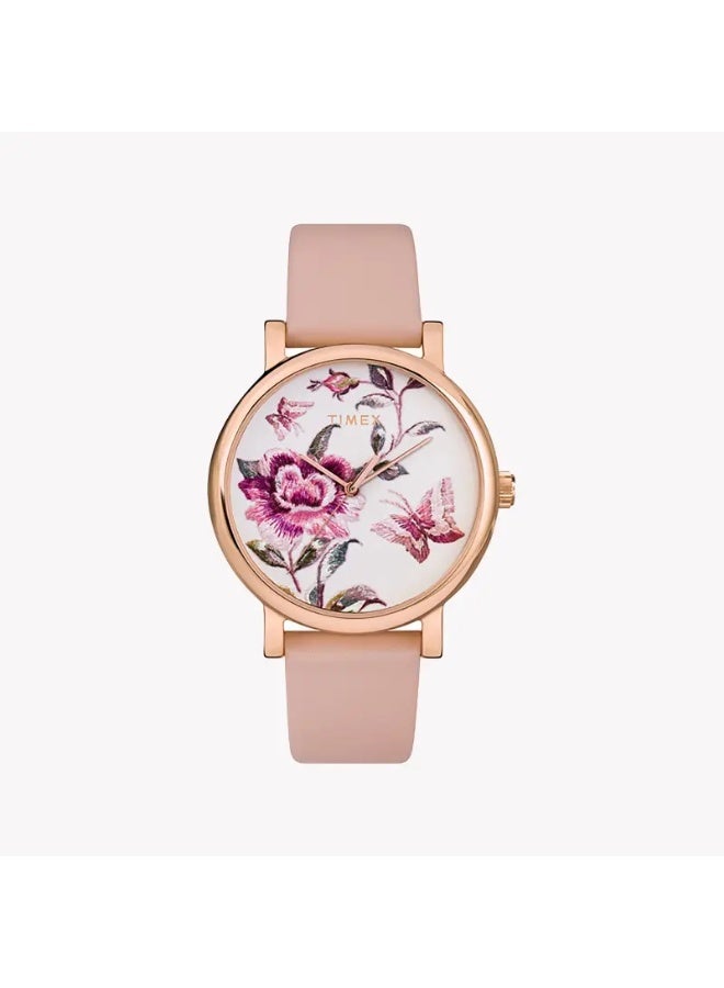 تيميكس ساعة TIMEX للسيدات مع هيكل نحاسية باللون الوردي وسوار جلدي وردي - Image 1